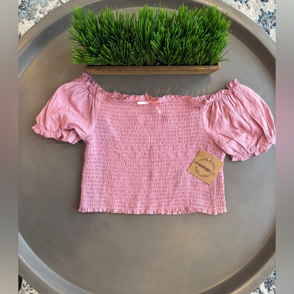 Vintage One Step Up Pink Off-Shoulder Smocked Crop Top Size M NWT